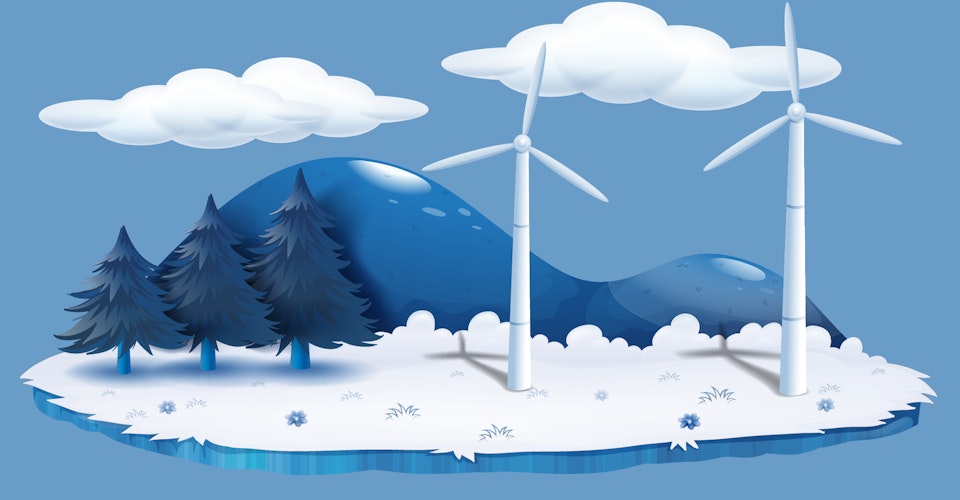 Illustrasjon av vindmøller i natur, i blåtoner.