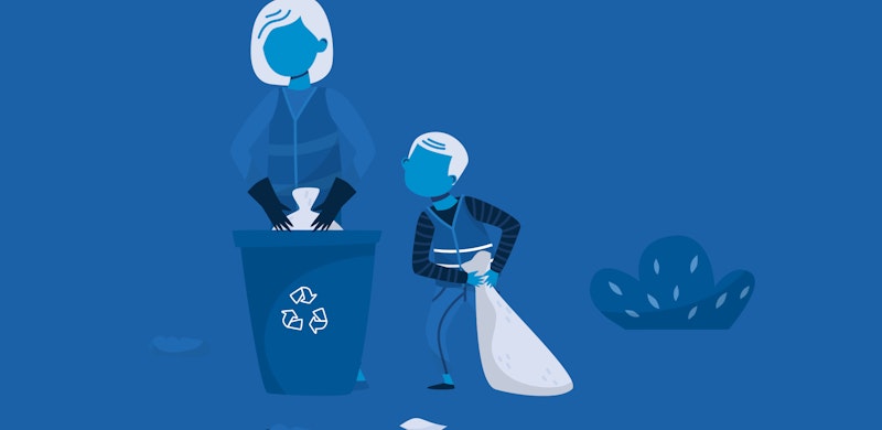 Mor og barn som plukker og sorterer søppel i naturen. Blåtoner. Illustrasjon.