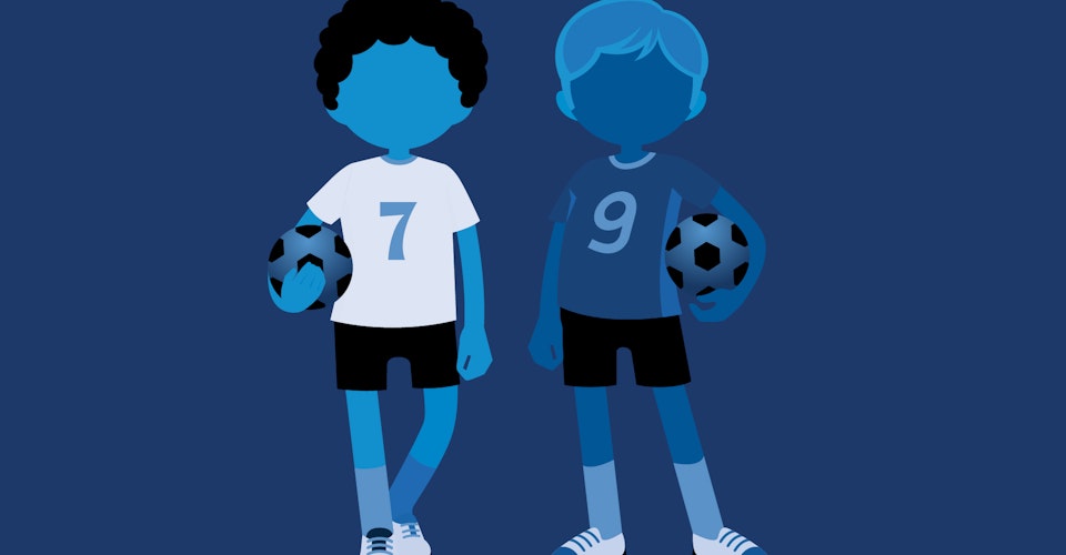 To fotballspillere med fotball under hver sin arm. Blåtoner. Illustrasjon.