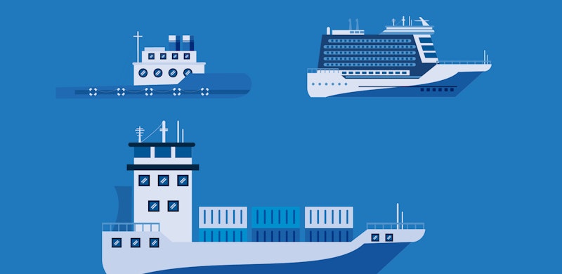 Tre ulike skip, et frakteskip, et cruiseskip og en liten lastebåt. Blåtoner. Illustrasjon.