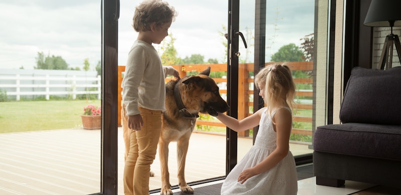 To små barn leker med en schæferhund i åpen verandadør mellom stue og veranda. Foto.